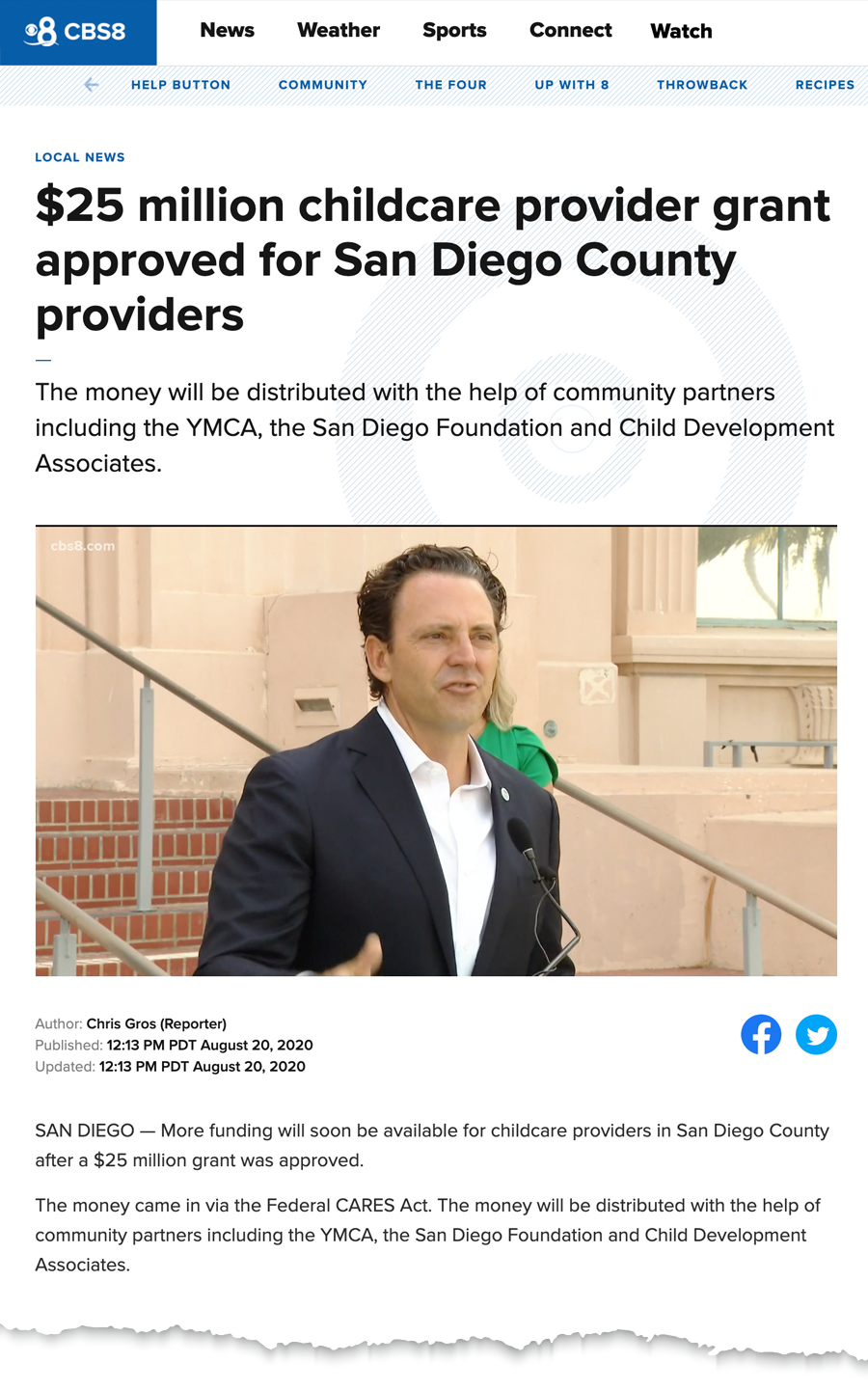 screenshot of news article announcing $25 million in grants for San Diego County childcare providers